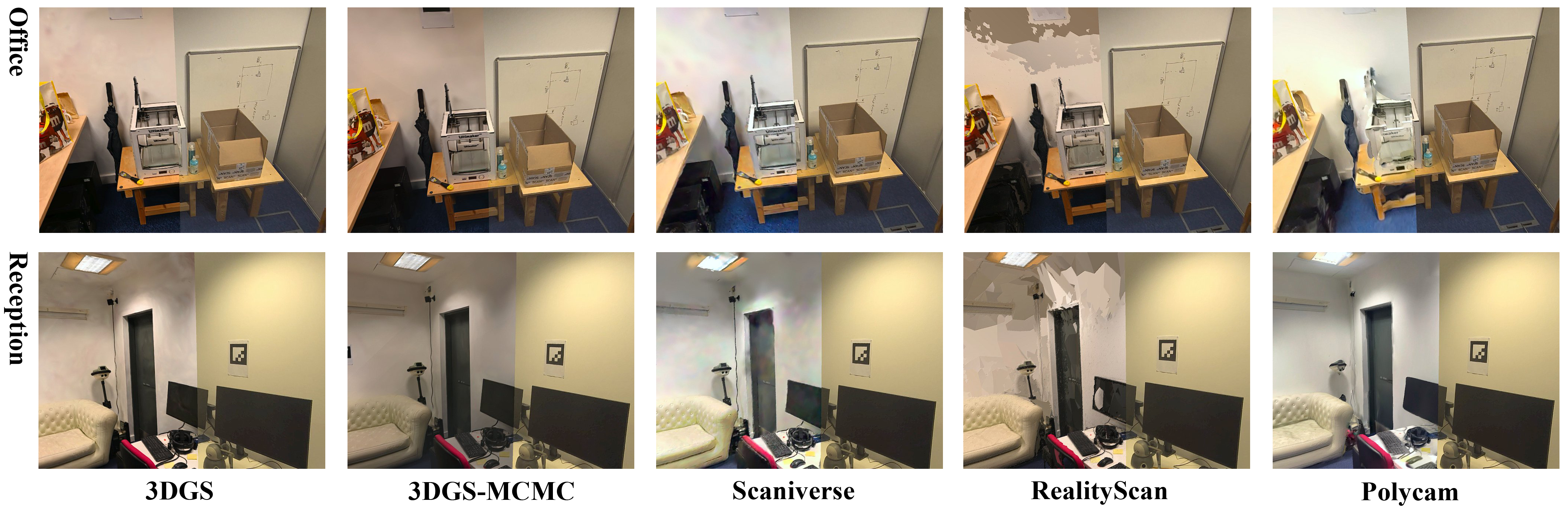 Two physical room views compared across five reconstruction workflows